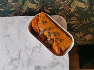 Parmentier de canard confit / épices douces / potimarrons / champignons
