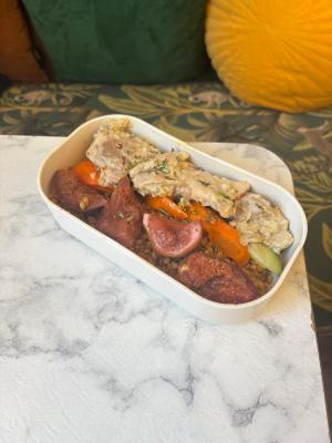 Poulet aux figues / romarin / épeautre / légumes fondants