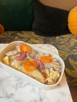 Emincé VG à la crème & moutarde / gratin de pomme de terre / pleurotes